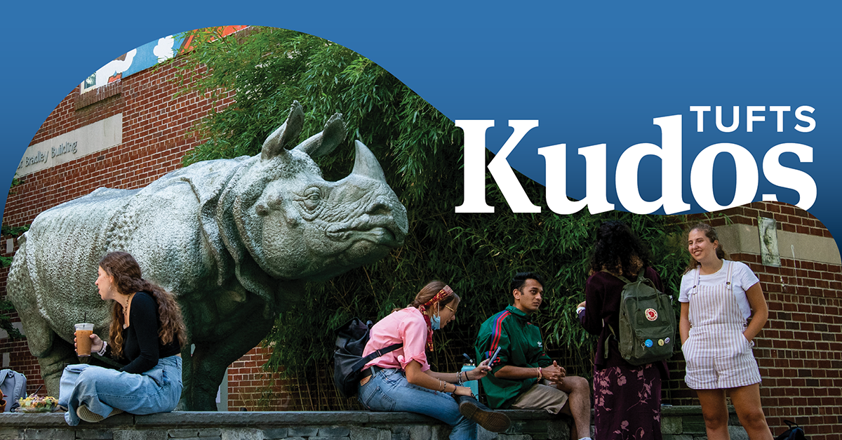 Students sitting and standing outside SMFA at Tufts, next to the statue of Bessie the Rhino. The words "Tufts Kudos" appear in white over a blue overlay on the image.