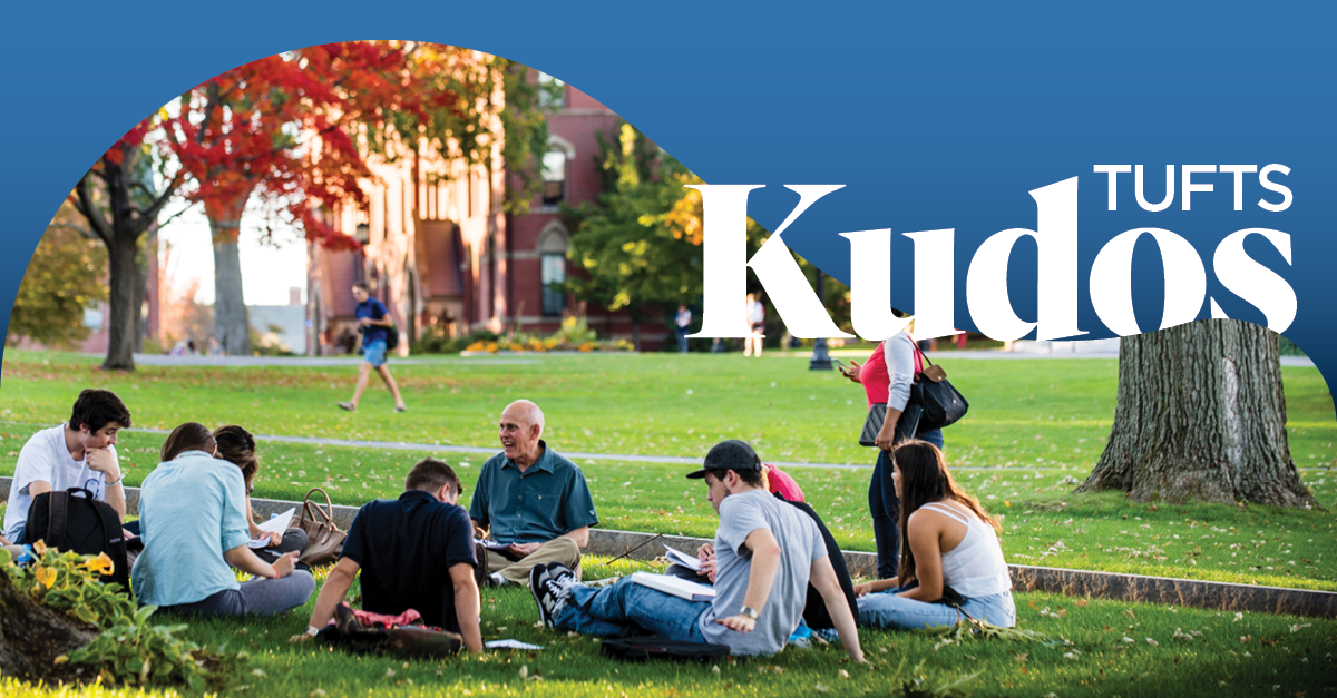 Tufts students sitting outside with professor in a circle during a class with the words "Tufts Kudos" over the image.