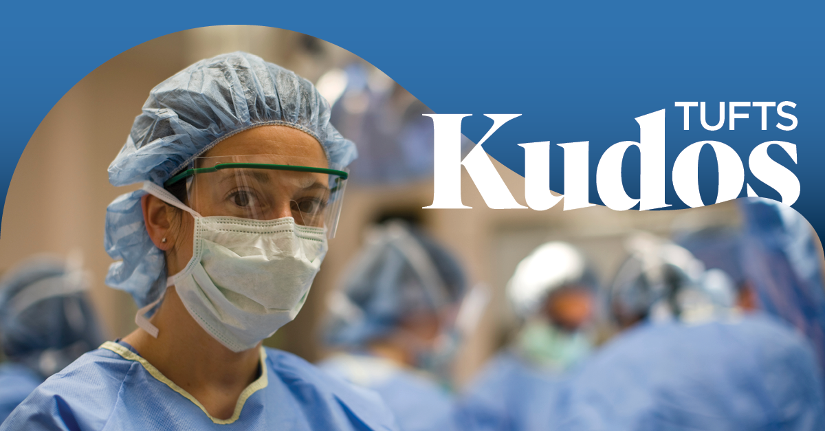 Medical student with mask and face shield on. Words "Tufts Kudos" appear on top of image.