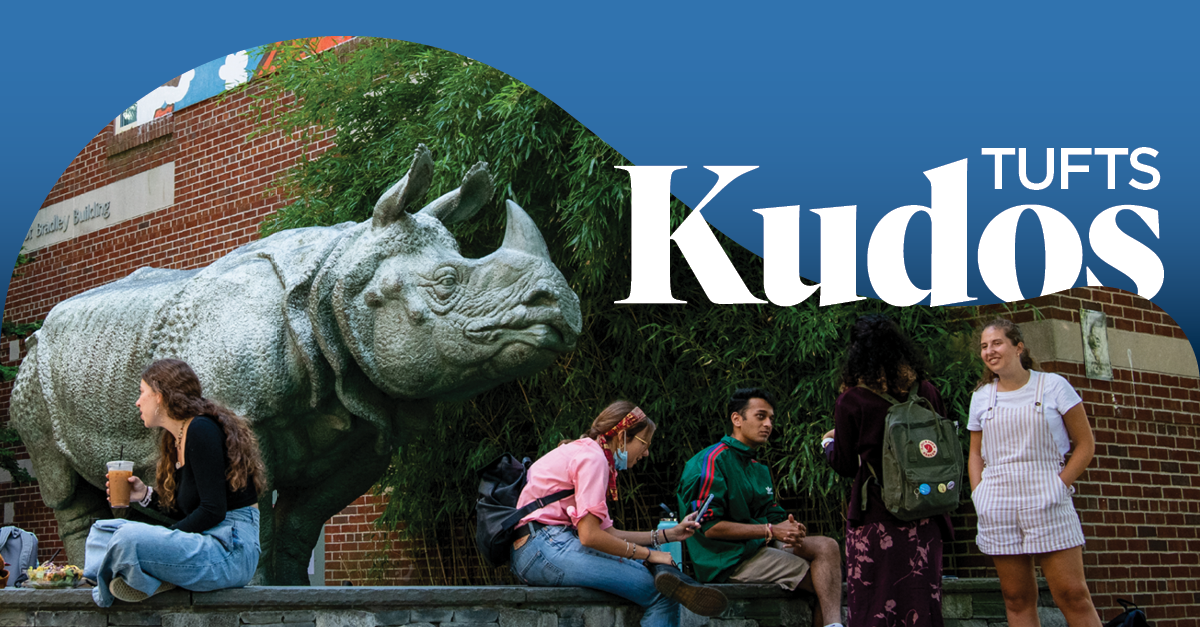 Students sitting beside the Bessie the Rhino statue at the School of the Museum of Fine Arts at Tufts overlayed with the text "Tufts Kudos."